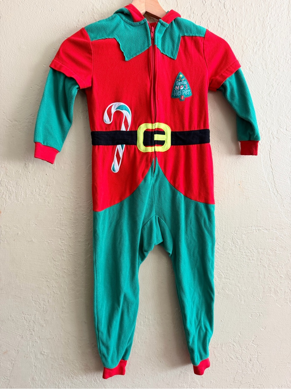 Cat & Jack Red and Teal Elf Hooded One-Piece Footie Pajamas